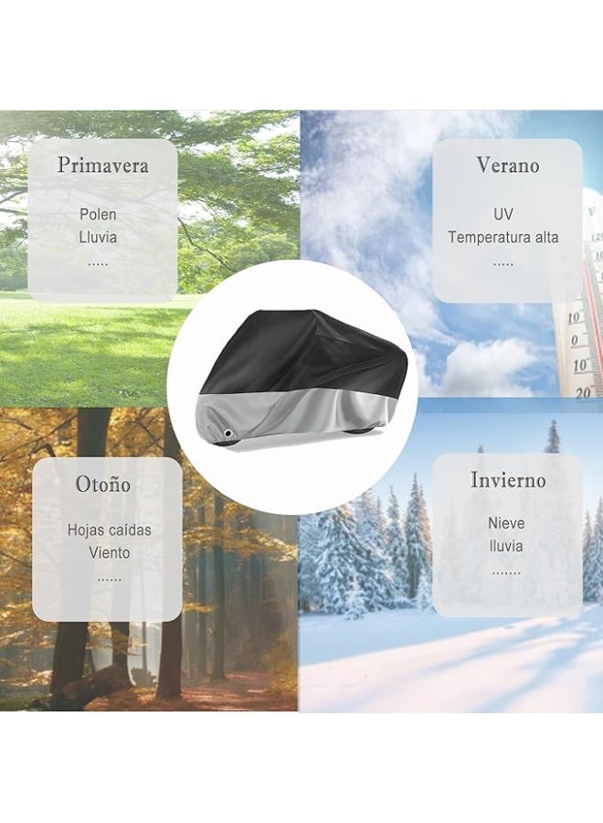 غطاء دراجة نارية مقاوم للماء، غطاء للدراجة النارية يحمي من الأشعة فوق البنفسجية والغبار والمطر والطقس، واقٍ خارجي للدراجة النارية مع فتحتين للقفل، مقاس XL فضى و أسود - Image 2